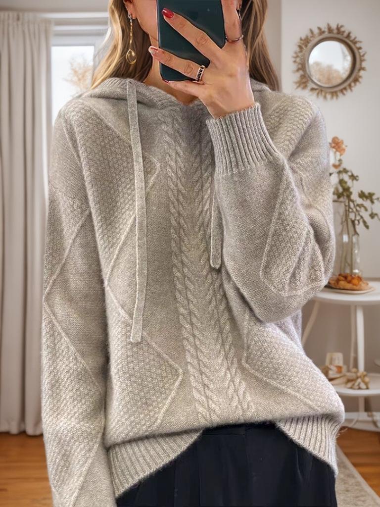 

2024 Autumn/Winter Women s Solid Color Knit Hoodie Pullover Sweater Medium