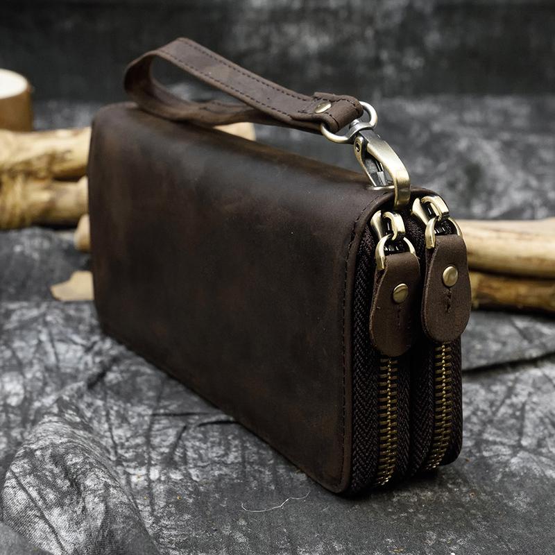 New Fashion Double Layer Leather Long Purse Vintage Cowskin Zipper Wallet With Wristband Men Women Retro Fashion Zip Wallets