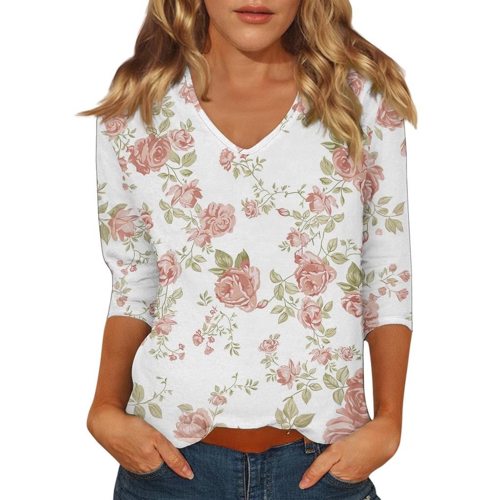Women's Casual Fashion Sexy Comfortable V-Neck Floral Seven Sleeve Top