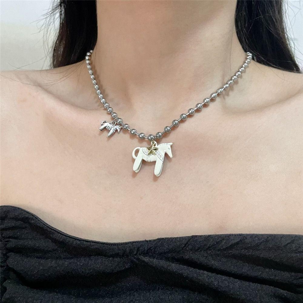 Alloy Horse Pendant Necklace Silver Plated Enamel Pendant Necklace Beads Neck Chain  for Women