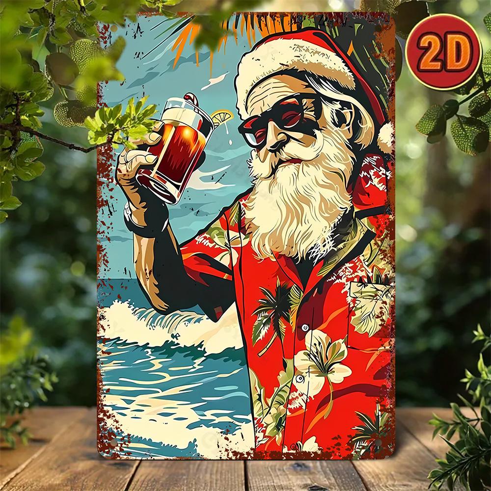 Vintage Metal Santa Wall Art with Hawaiian Shirt Christmas Design for Garden Patio Farmhouse Restaurant Holiday Decor Gift