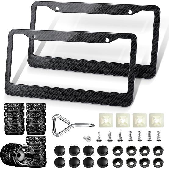 License Plate Frames - License Plate Covers With Carbon Fiber Vavle Caps, 2 Packs Universal Carbon Fiber Pattern Frame For Front And Rear Car Tags.
