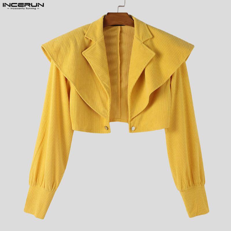 INCERUN Oversized Men Long Sleeve Layers Corduroy Casual Cropped Short Blazer Coats Partywear