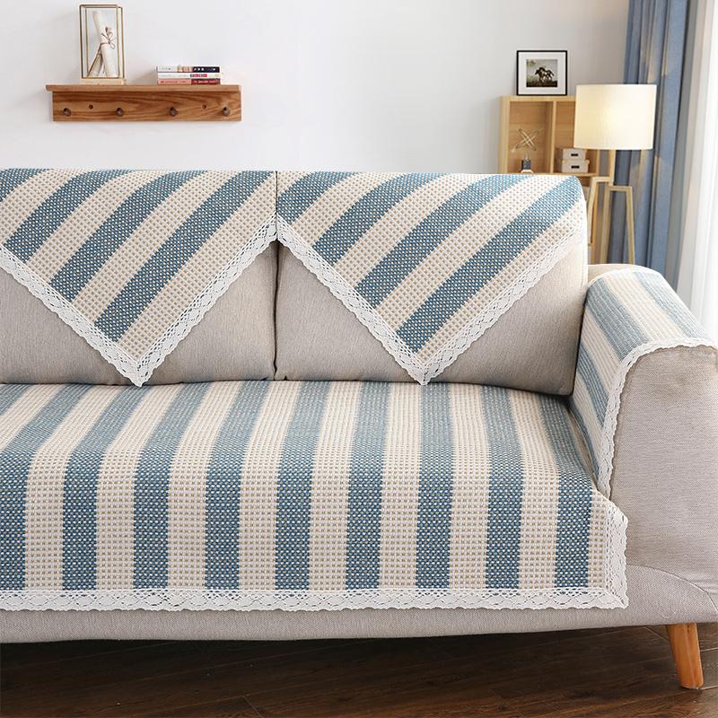 Striped Cotton and Linen Sofa Cushion for All Seasons, Non-slip Thickened Linen, Simple Modern Solid Wood Fabric Sofa Towel Cover
