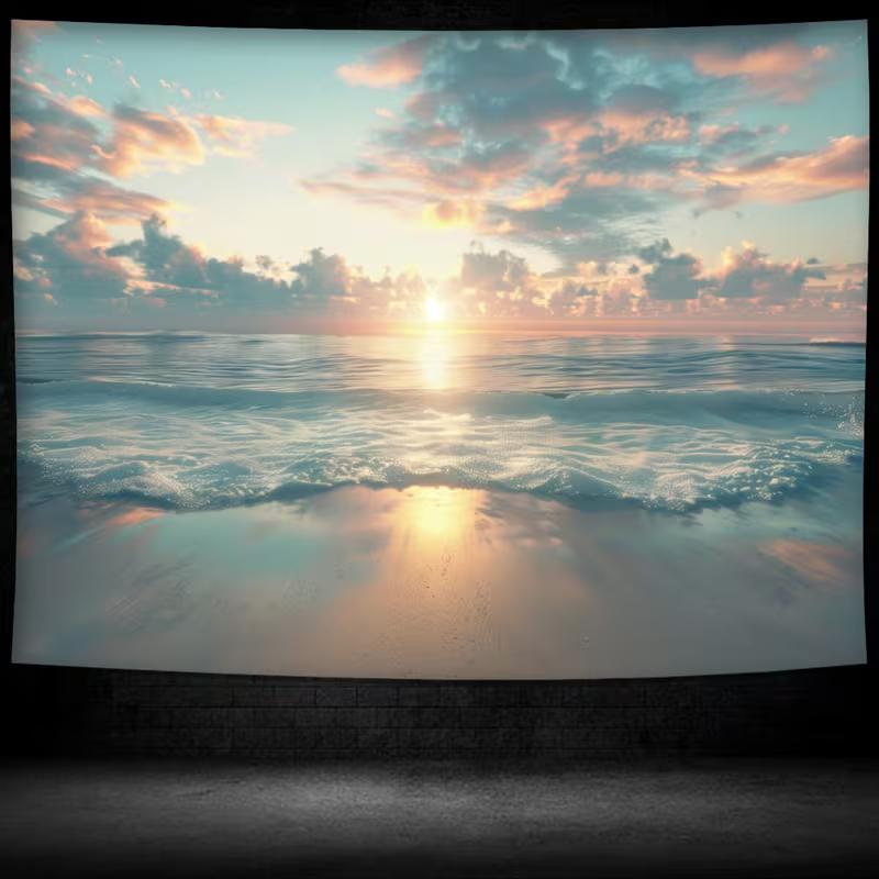 2D Tropical Ocean Tapestry, Pastel Clouds & Reflecting Sun Wall Art for Home Decor