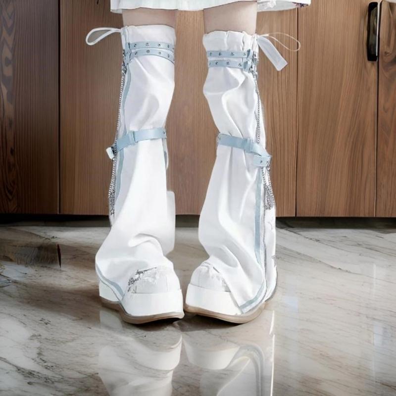 Damen Harajuku Sternenprint Reißverschluss Ausgestellter Beinwärmer Ästhetische Mode Punk PU Geschirrriemen Beinabdeckung Oberschenkelhohe Socken