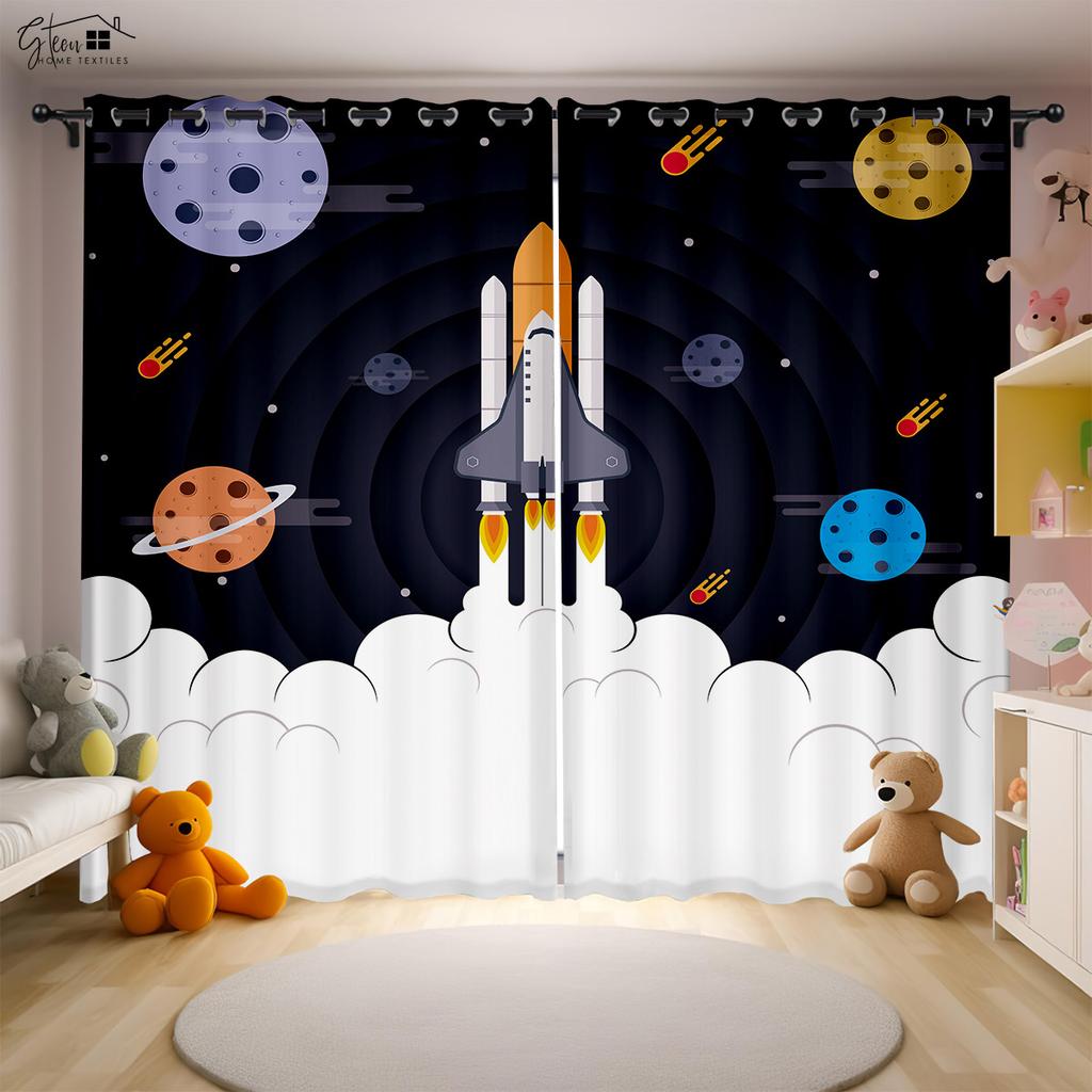 Cartoon Universe Curtains Astronaut Spaceship Rocket Moon Alien Children's Room Children's Bedroom 3D Printing Curtains 2PCS