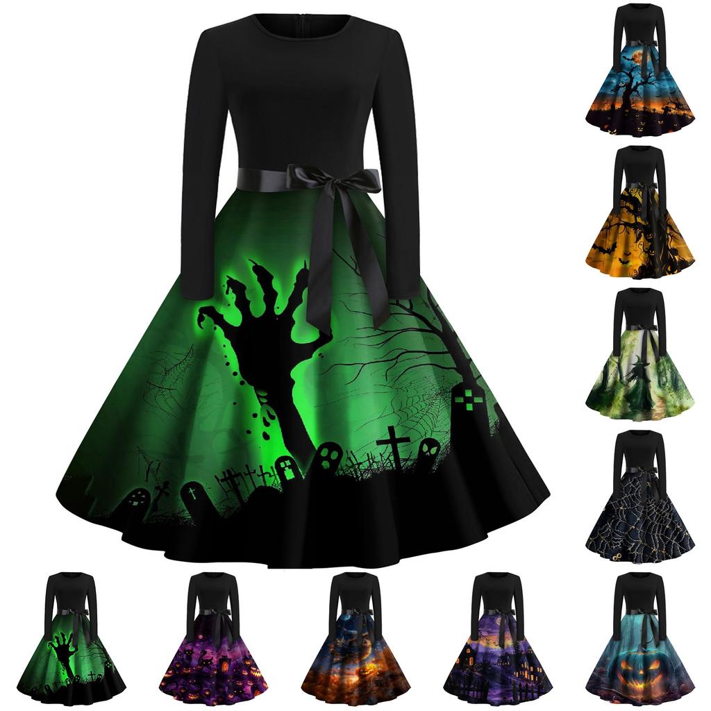 Dámské módní šaty s V-výstřihem, ležérního střihu, slim fit, s halloweenským potiskem, s dlouhým rukávem