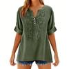 Women’s Casual Loose Fit Blouse with Floral Embroidery Three Quarter Sleeve Button Front V Neck Tunic Top