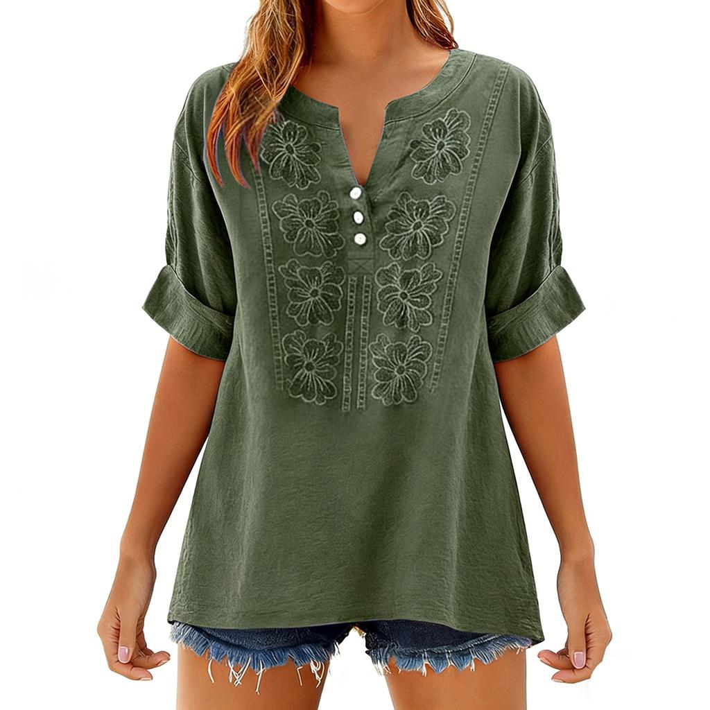 Women’s Casual Loose Fit Blouse with Floral Embroidery Three Quarter Sleeve Button Front V Neck Tunic Top