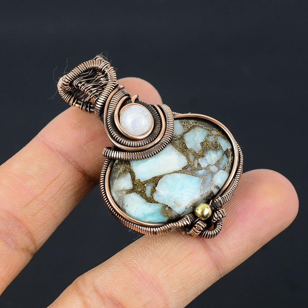 Copper Larimar Pendant Gemstone Handmade Jewelry, 999 Copper Wire Wrapped Pendant, Gift For Wife Jewelry