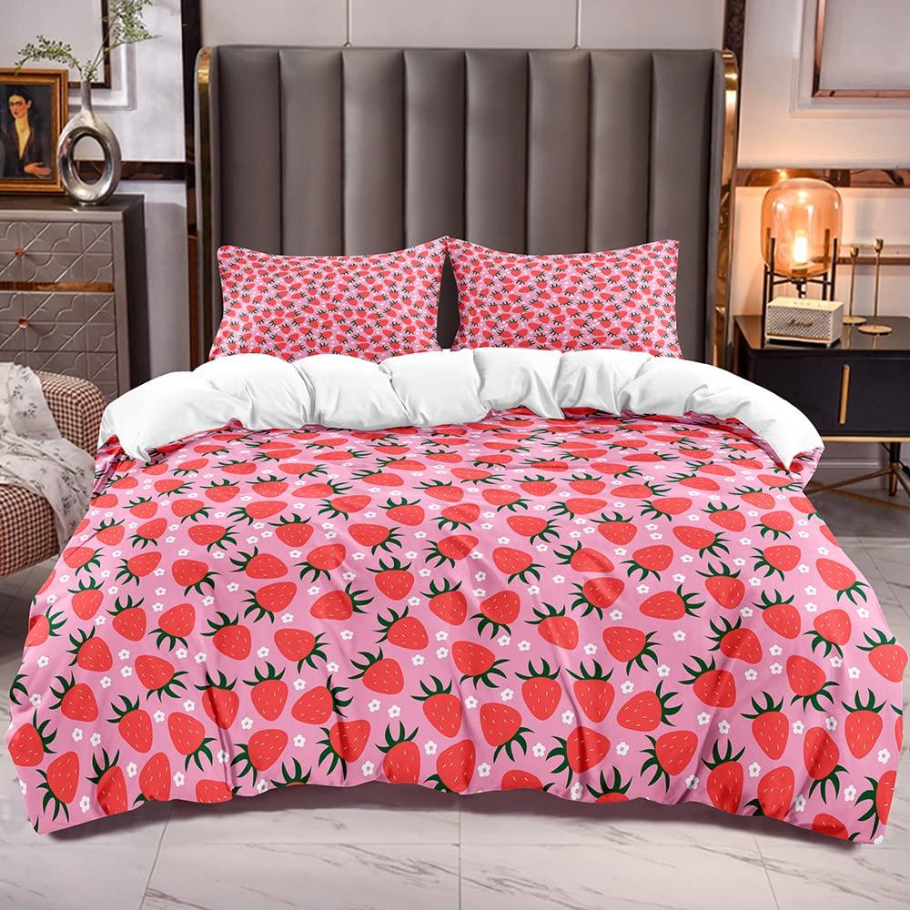 Strawberry Duvet Cover Full Size Comforter Cover Cute Strawberry Pattern Pink Decor Bedding Set for Kids Boys Girls Adults 3Pcs