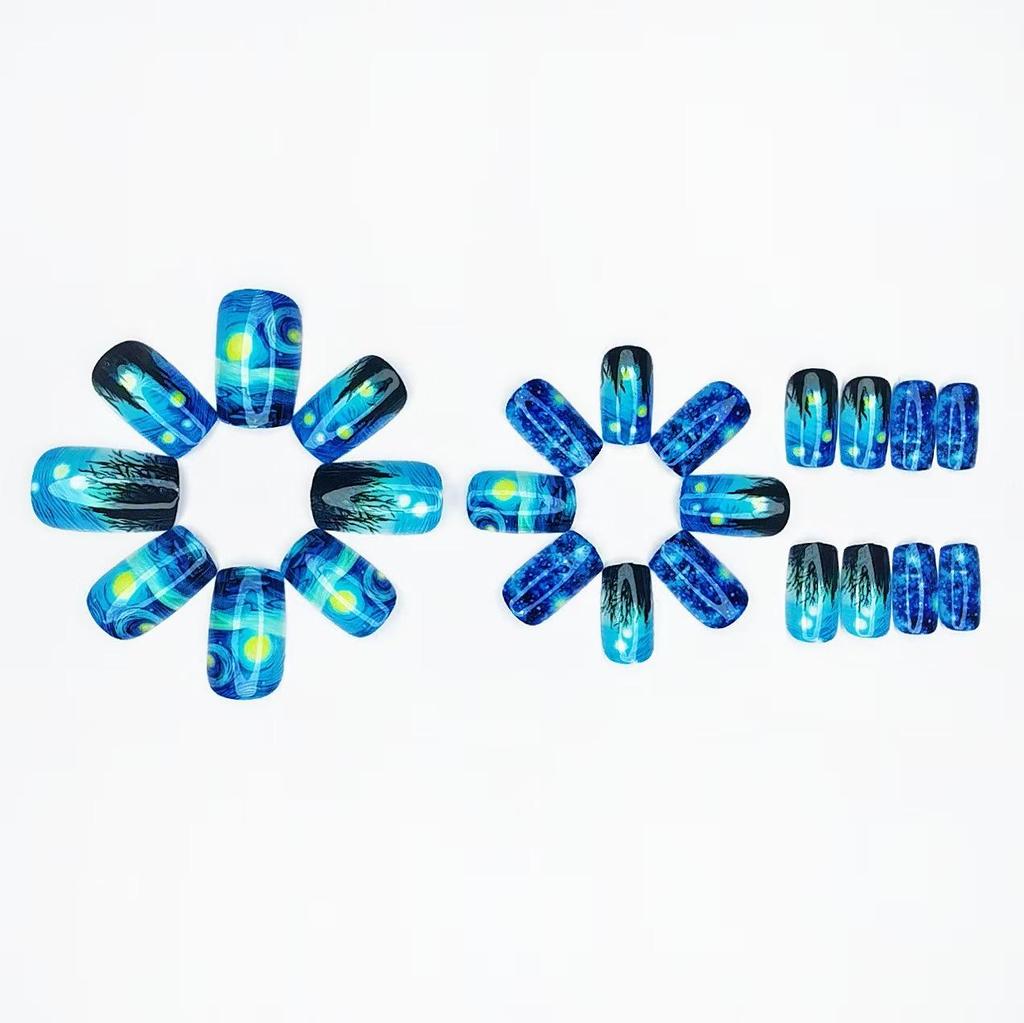 Van Gogh Series: Medium-Length Blue Night Sky False Nails (24 Pieces)