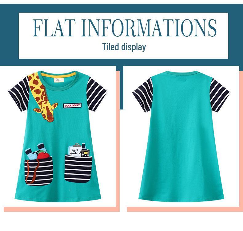 Letní áčkové šaty pro dívky s krátkým rukávem a dlouhým výstřihem s výšivkou žirafy