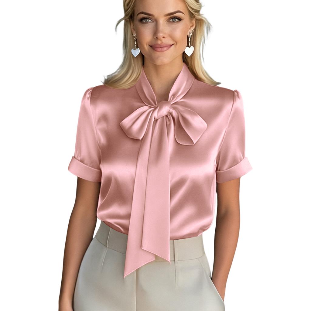 Ladies Satin Bow Short-sleeved Shirt