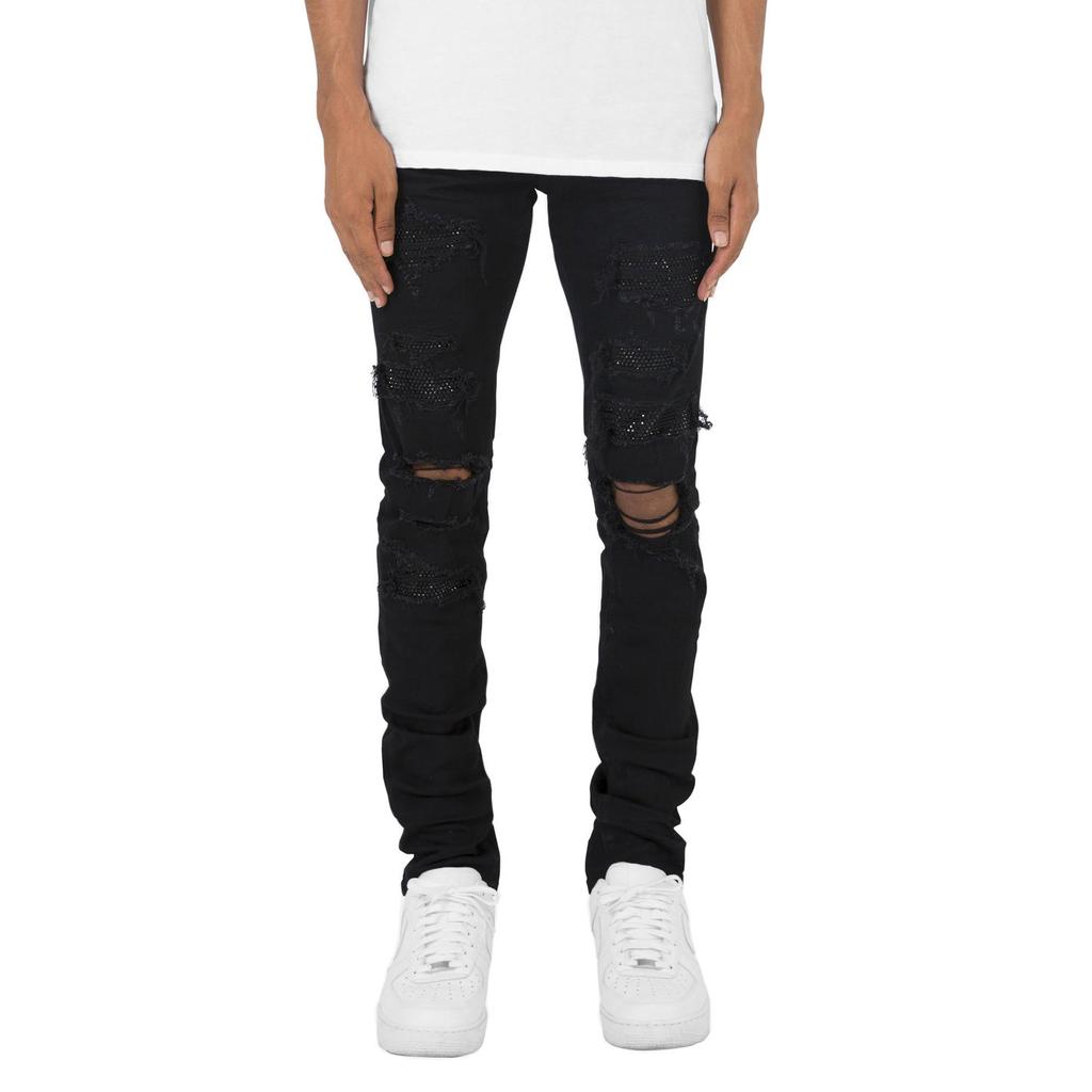 Style Hot Diamond Ripped Black Men's Jeans Personalized Slim Fit Elastic Men's Jeans