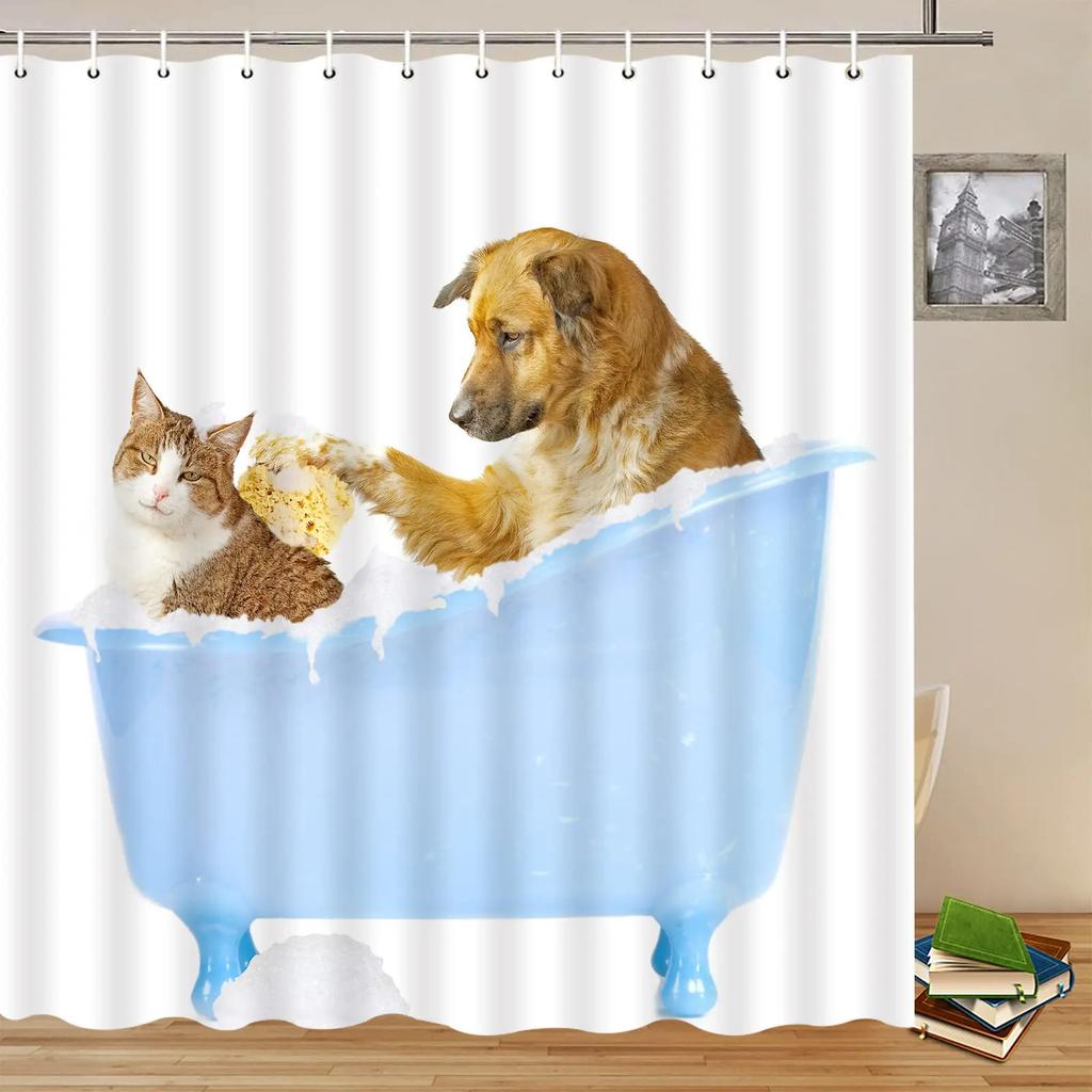 Raining Cats and Dogs Shower Curtain Funny Cartoon Cute Animal Hilarious Pets Playing Water Polyester Waterproof Bathroom Panels