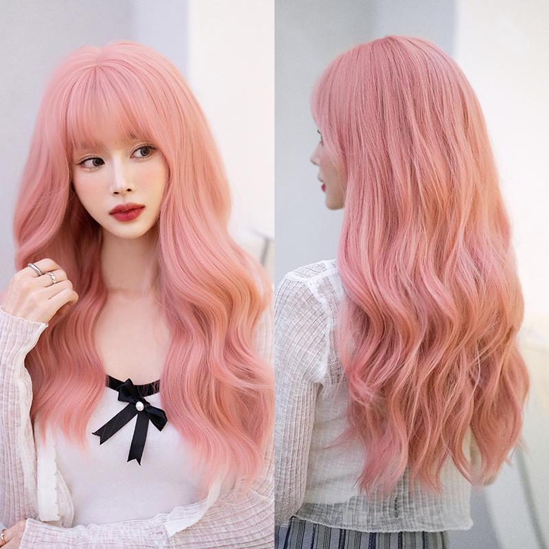 Professional  WIGS Long Body Wavy Sakura Pink Wig for Sweet Girl High Density Synthetic Loose Curly Hair Wig with Bangs Beginner Friendly