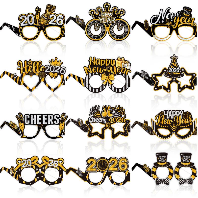 6Pcs/Set 2026 Happy New Year Black Gold New Year Paper Glasses Photo Props
