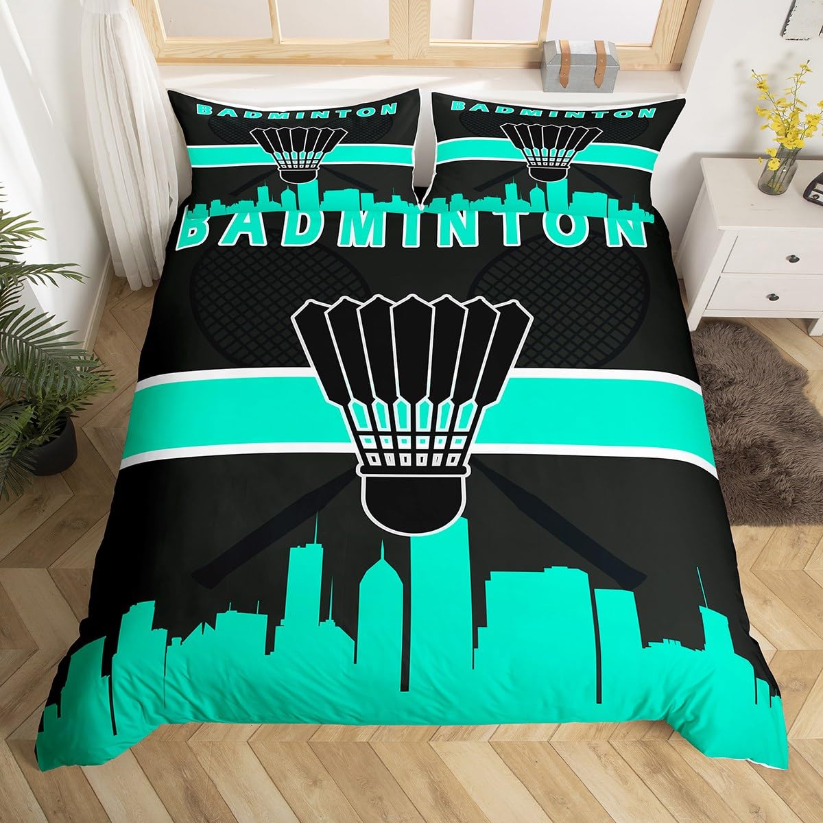 Comforter Sports Badminton Fluorescent Green Pink Badminton Racket Bedding Set Sports Game Comforter Fashion Comforter (quilt)-EU Single(135*200cm)3pcs