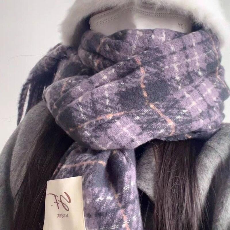 Korean Style Plaid Mohair Scarf - Women's Winter Imitation Cashmere Shawl