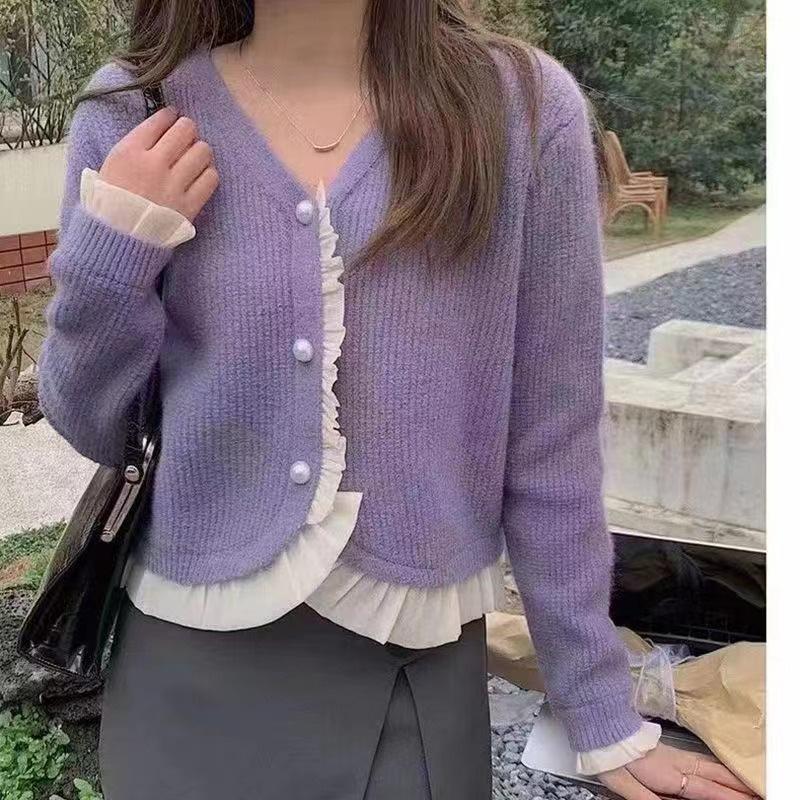 

Ретро свитер с V-образным вырезом, оборками и вставками, нежный топ, ранняя весна, новый нишевый дизайн average size, recommended about 80-67.5 kg фиолетовый