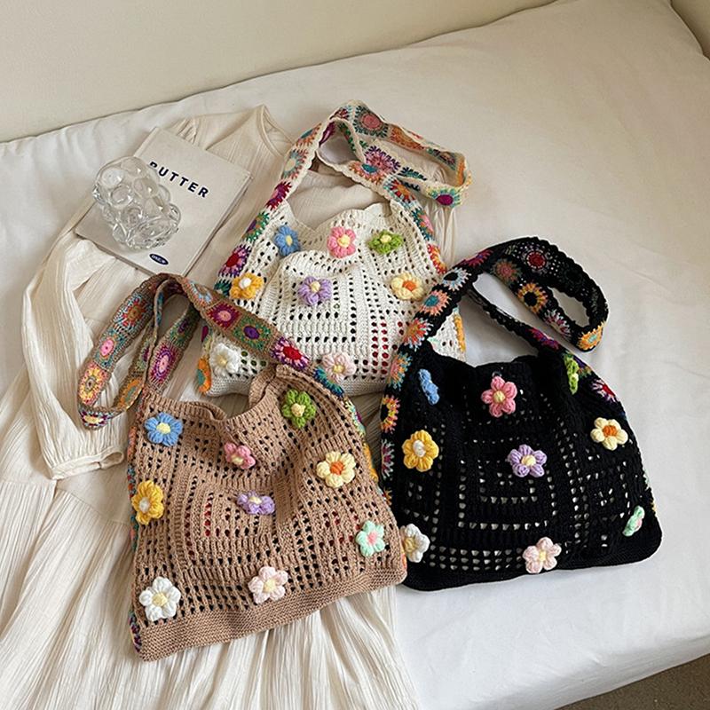 Summer Large Capacity Boho Tote Bag Floral Crochet Handbag Vintage Multicolor Cut-Out Knitted Fashionable Hollow Out Handbag