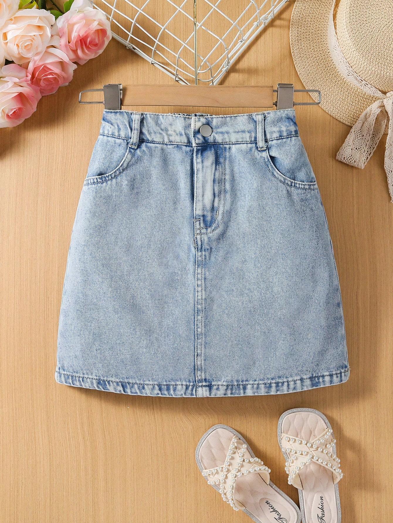 

Girls Denim Skirt (Single Piece) — Casual, Simple, and Cute A-Line Style; Trendy, Fashionable, and Versatile 8Y светло-синий