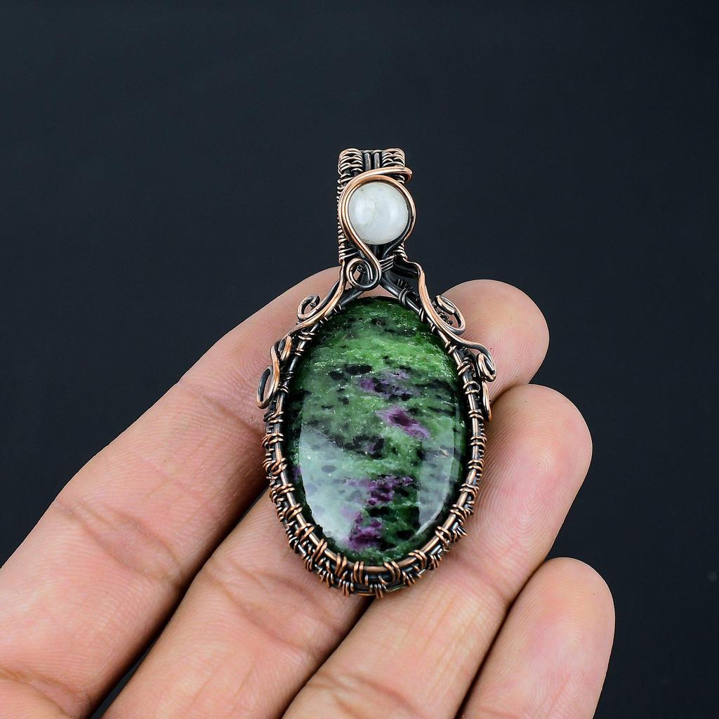 Ruby Zoisite  & Moonstone Gemstone Handmade Pure Copper Wire Wrap Jewelry Pendant For Love