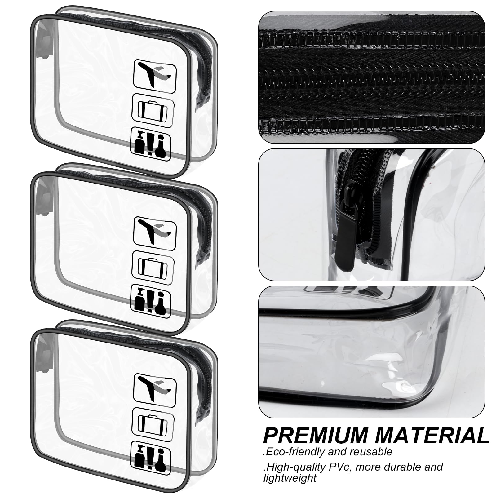 

3-Pack Clear TSA-Approved Toiletry Bags - Waterproof PVC Travel Cosmetic & Makeup Organizer чистый