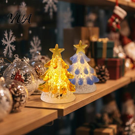 Handcrafted Holiday Keepsake Handmade Glass Christmas Tree Lighted Figurine, Mini Luminous Xmas Small Art Gift Night Light, Tabletop Decoration