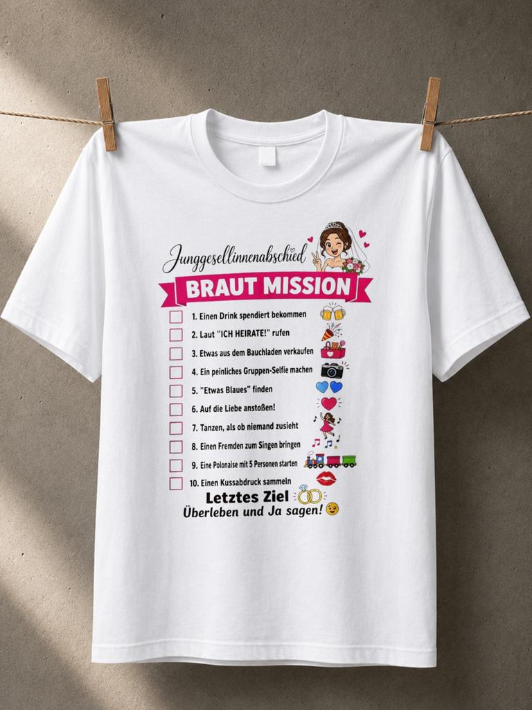 Braut Mission Bachelorette Checklist Gerunisex Task List Bride Cartoon Pink Banner Rings And Playful Unisex All Tshirt