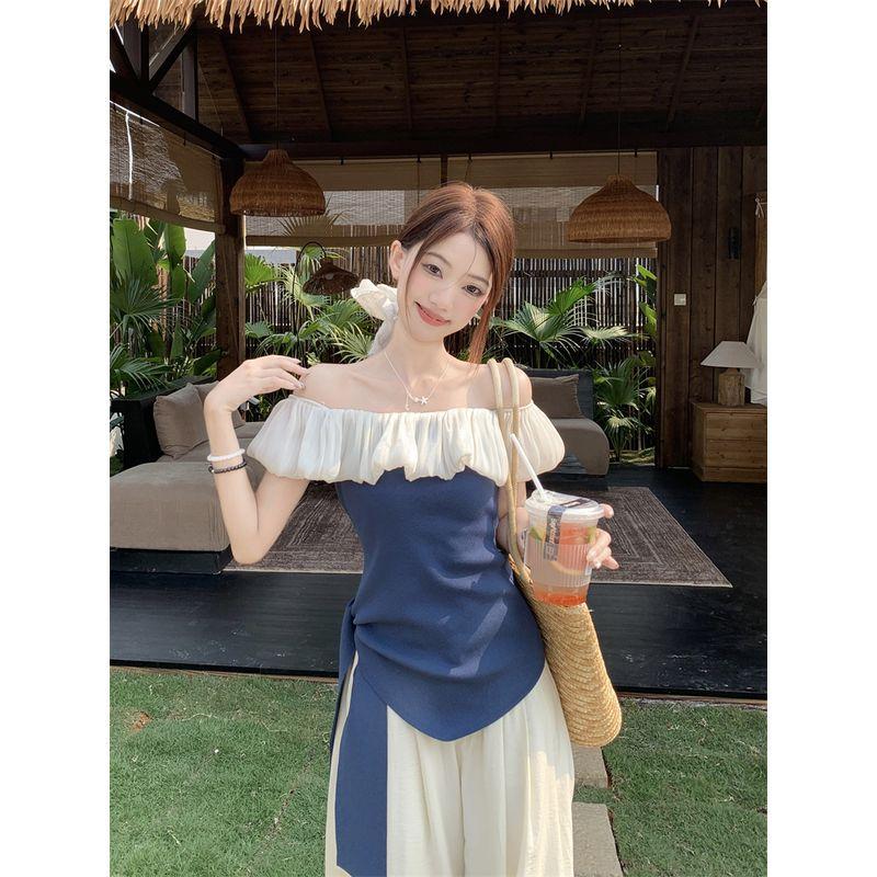 

Kumikumi French style Casual Set off-Shoulder Slim fit Slimming T-shirt Women Summer High Waist Mopping Pants Two-piece Set Tops Blue L