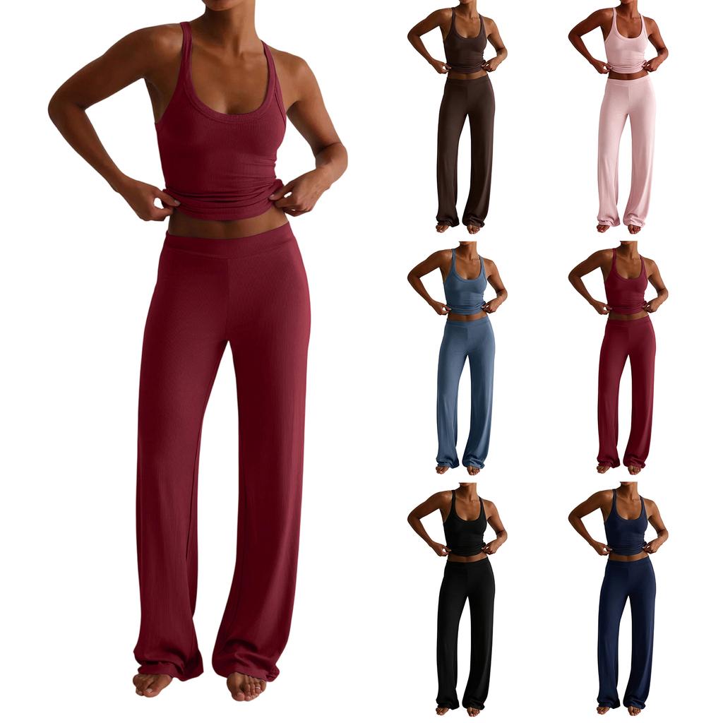 Women's Solid Color Sports Yoga Tank Top and Wide Leg Pants Two Piece Set Stretchy Comfortable Fit