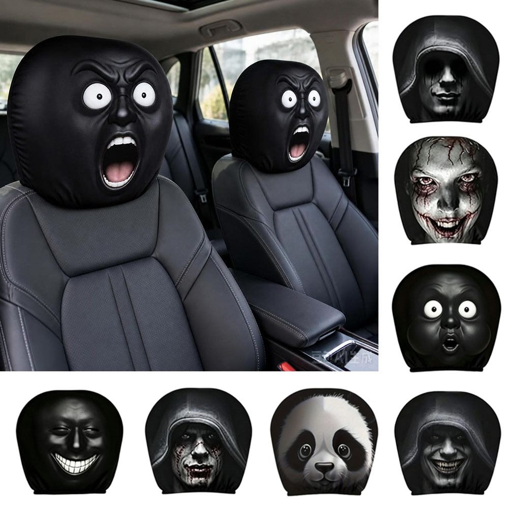2 Pezzi Coprisedile Auto con Stampa Faccia Spaventosa Protezione Elastica per Poggiatesta Auto Accessori Interni Auto