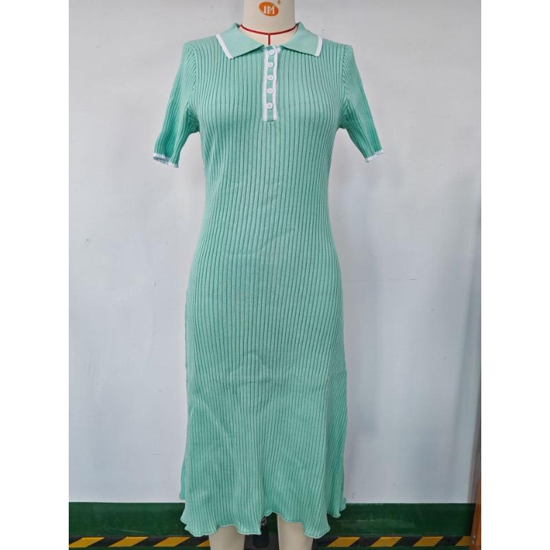 Damen Slim Temperament Splicing Collision Color Package Hip Kurzarm Knopf Gestrickte Lange Kleider