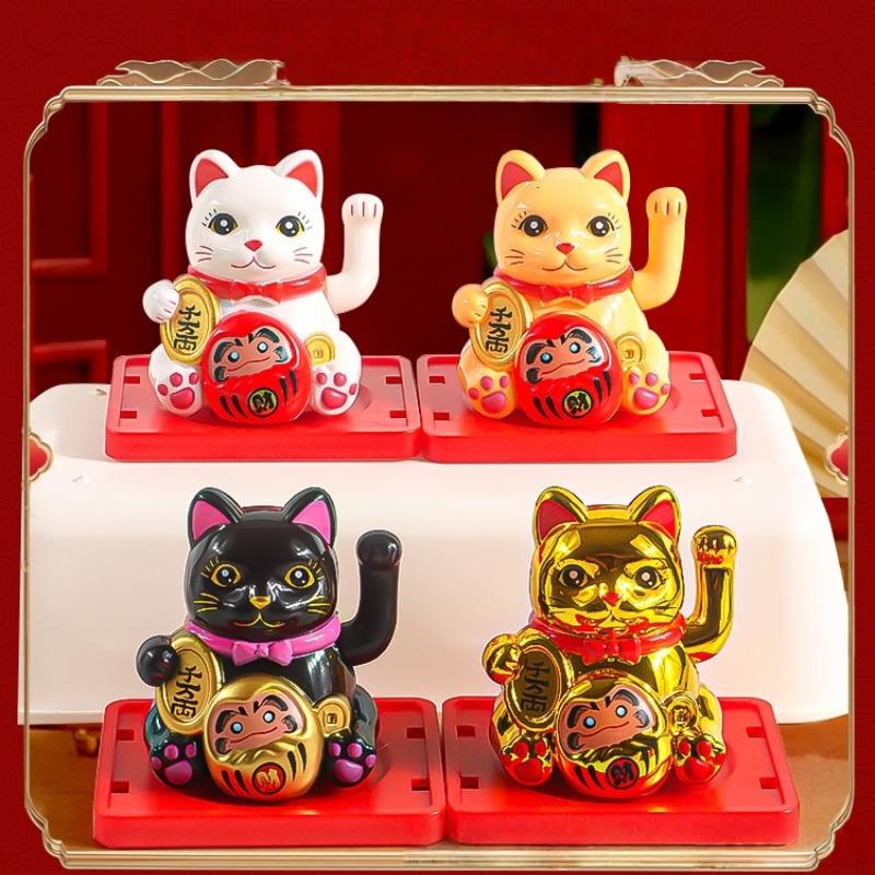 1Pcs Waving Wealth Good Fortune Awaits Solar-Powered Ornaments For Home And Office Lucky Beckoning Cat Solar Powered
