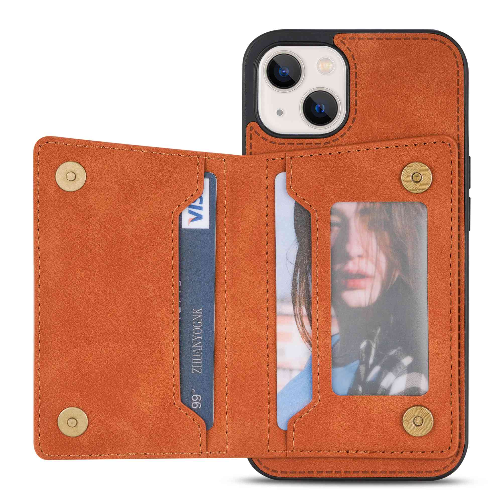 

For iPhone 14 6.1 inch Line Splicing Imprinted Phone Case Card Holder Kickstand Anti-scratch PU Leather Phone Cover Brown
