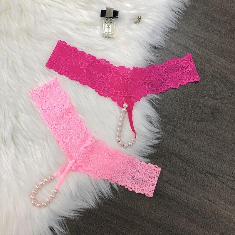 Sexy Lace Massage Pearl G-String Knickers Women Briefe Erotic Thongs Low Waist Underpants Personal Secrets Panties Hot Wife Gift
