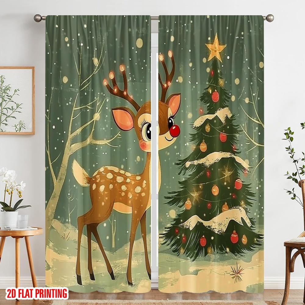 2pcs,2D Plane Printing Popular Curtain Panels Cute Reindeer Christmas Tree Snow (3) Durable Polyester (without Rod) Room Decor