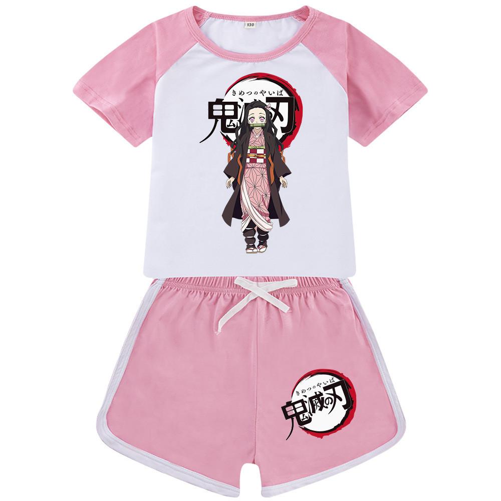 

QQ830 Kids Boys Girls Kimetsu No Yaiba Print Short Sleeves T-shirt Shorts Tracksuit Sets 150cm рожевий