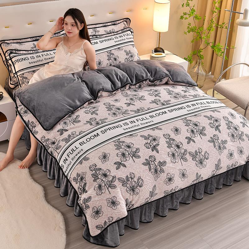 Thickened Milk Fleece Four-Piece Coral Fleece Quilt Cover, Bed Sheet Fleece Double-Sided Fleece Flannel Bedding, Bed Skirt
