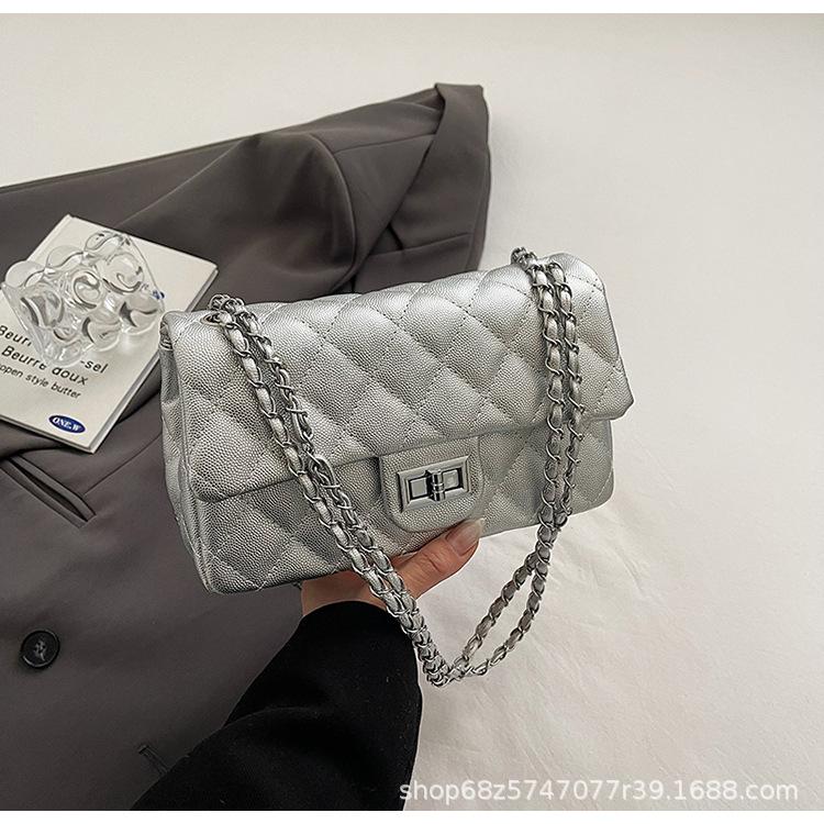 Lingge embroidery thread shoulder bag bag women's 2025 new silver small square bag ins texture niche PU chain underarm bag