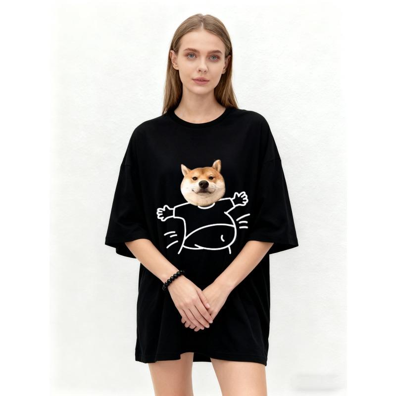 Oversized T-Shirt Black Shiba Inu Dog Cartoon Print Casual Streetwear Fashion Top for Women and Men Unisex Loose Fit Everyday Wear Summer Outfit
