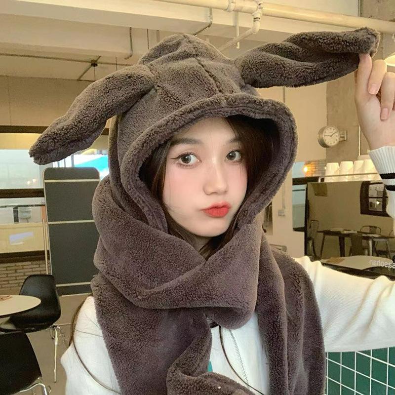 Autumn and Winter Hats for Women Cute Rabbit Ear Scarf  Integrated Warm Plush Gloves Three Piece Set  Korean Style Versatile Scarf