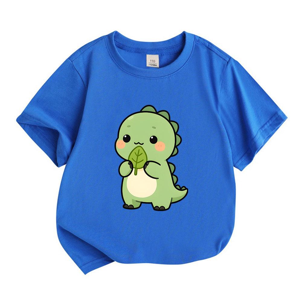 Kids Boys Girls 100% Cotton Crew Neck Short Sleeve T-Shirt, Cute Cartoon Green Dinosaur Print Casual Soft Lightweight Tee Tops for Children Daily Wear