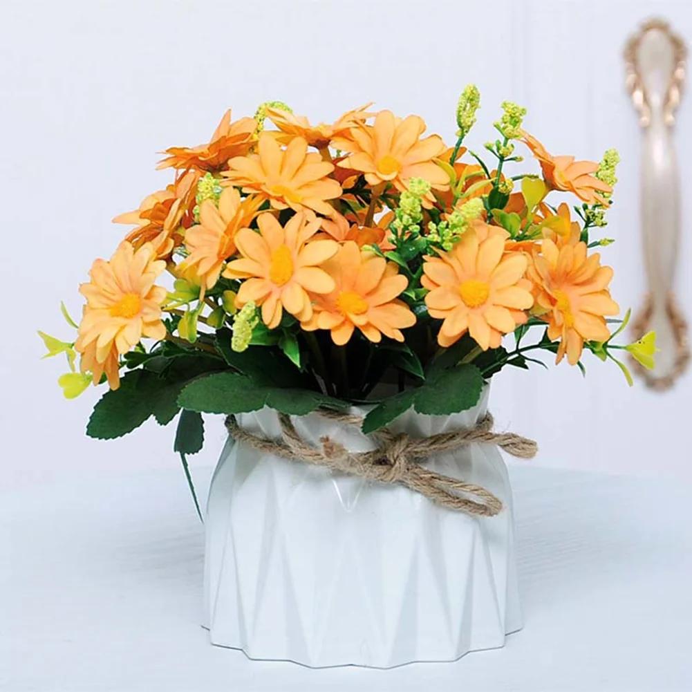 Silk Artificial Flowers In Decorative Pot For Home Décor, Customizable Faux Floral Display 17cm Overall Height, White Orang Red