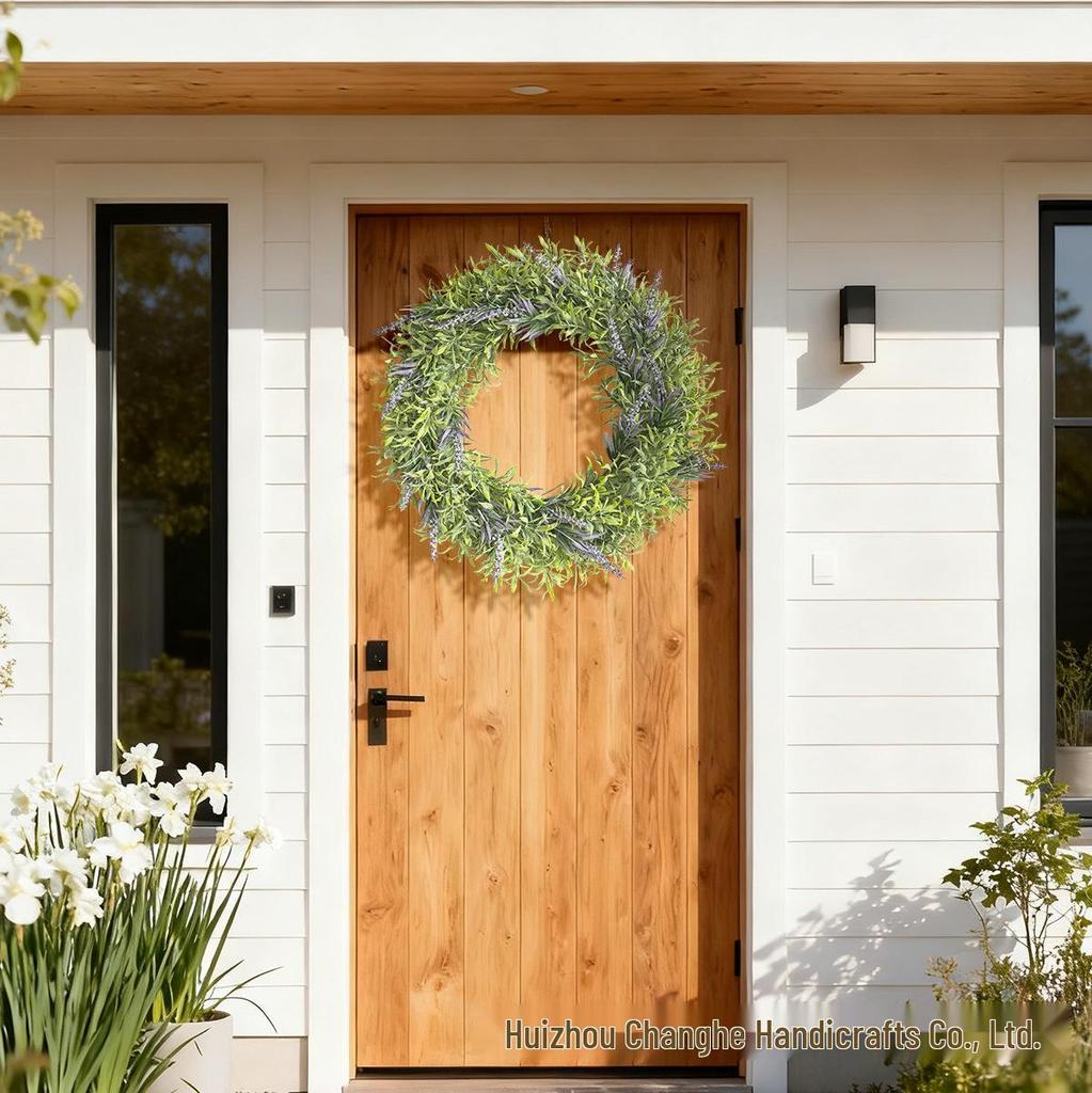 Artificial Lavender and Bamboo Leaf Wreath with Pink Flowers for Home Decoration