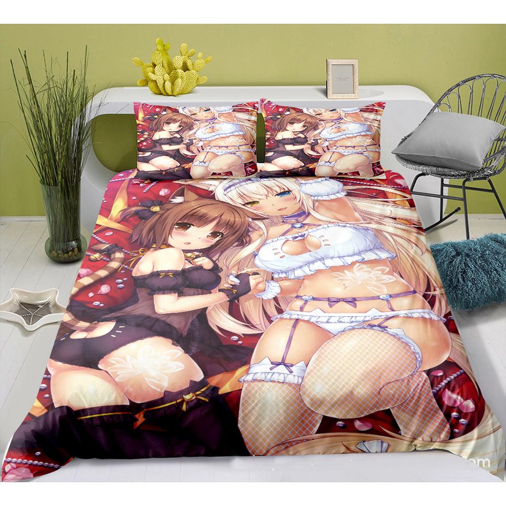 Cute Anime Cat Maid Pattern NEKOPARA 3pcs Bedding Set Game Printing Duvet Cover and Pillowcase Bedroom Decorate for Otaku Teens