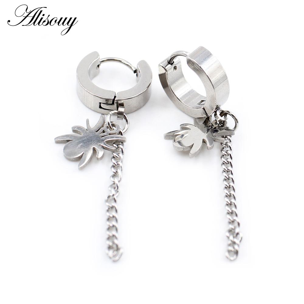 Alisouy 2PCS Stainless Steel Star Cross Snake Spike Skull Sword Blade Chain Feather Spider Dangle Women Men Huggie Hoop Earrings